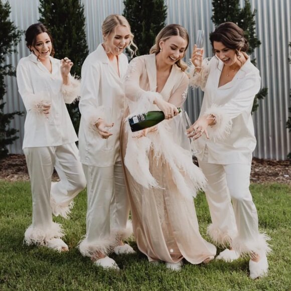 The Villa Feather Satin Sleepwear Set - Champagne - Medium - Picture 4 of 4